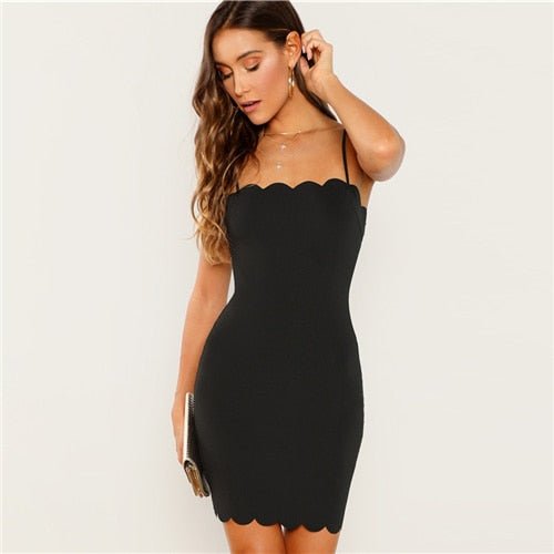 Black Form Fitting Scalloped Cami Dress Bodycon Sleeveless Slim Short Party Dress Women Autumn Highstreet Elegant Dresses-0